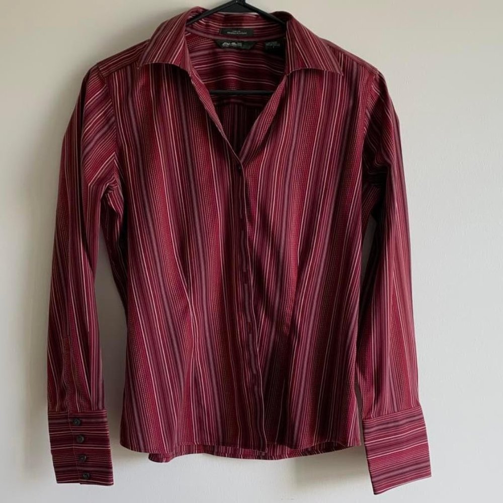 Eddie Bauer Red Striped Button Down LS Shirt, Stretch, Wrinkle Resistant, Size S